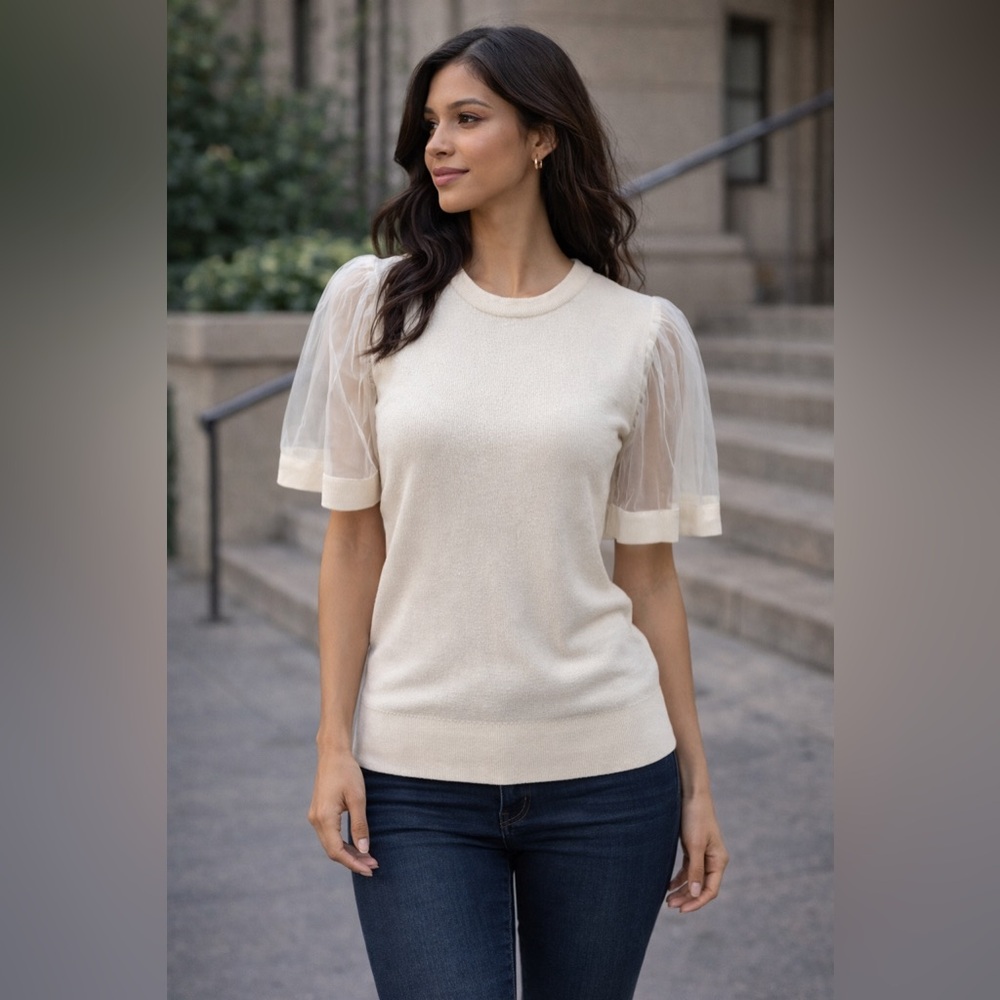 Sheer Puff Sleeve Knit Top in Cream